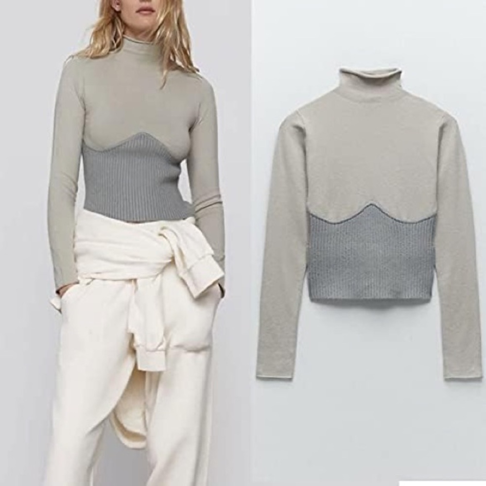 Zara Contrast Combination Mock Neck Bodice Two Toned Knit Ribbed Top Small